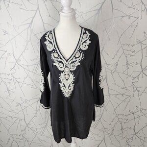 Barbara Gerwit Black Cotton Ethnic Beaded V-Neck Tunic